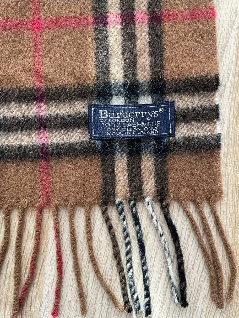 Burberry Camel Plaid Cashmere Scarf with Pink Stripe